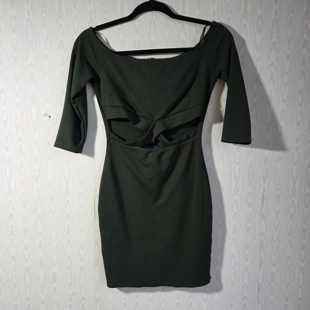 Agaci Womens M Bodycon Mini Dress Cut Out Boat Neck Forest Green Coquette Sexy